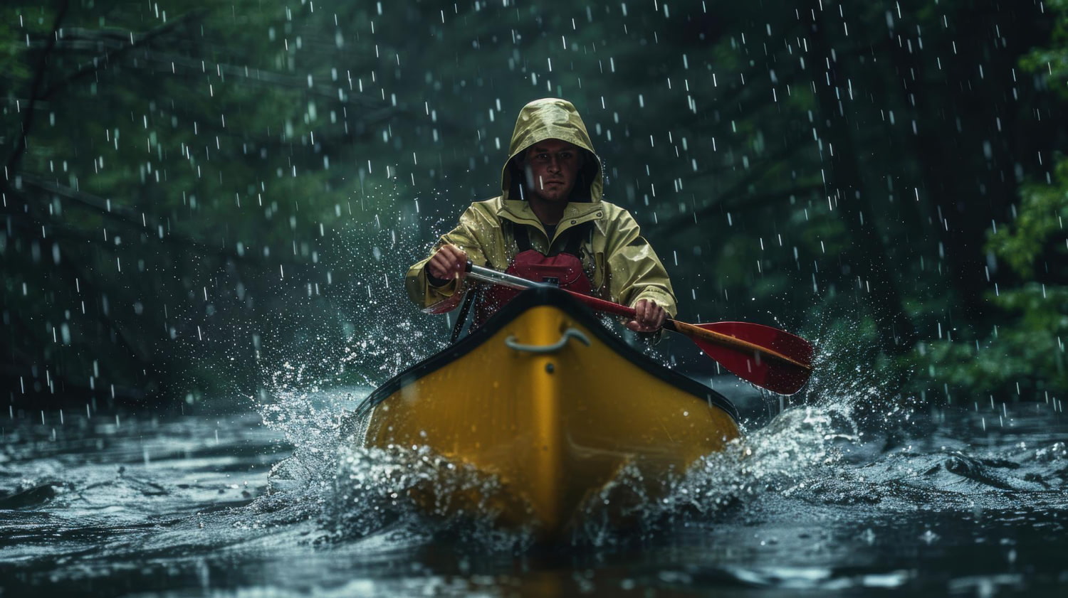 Adventurer canoeing in the heavy rain on river trip